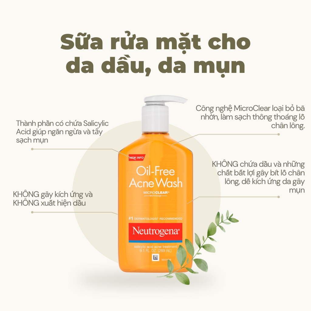 Sữa Rửa Mặt NEUTROGENA, Sữa Rửa Mặt Da Dầu Mụn NEUTROGENA Oil Free Acne Wash 269ml