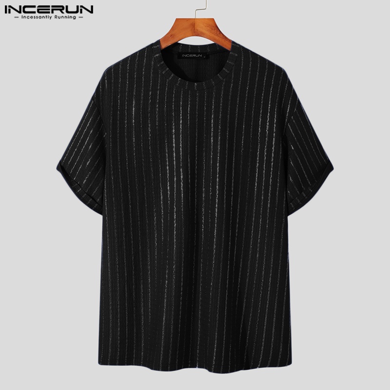 INCERUN Áo Thun Dệt Kim Cổ Tròn Dáng Rộng Màu Trơn Họa Tiết Kẻ Sọc Thời Trang Mùa Hè Cho Nam