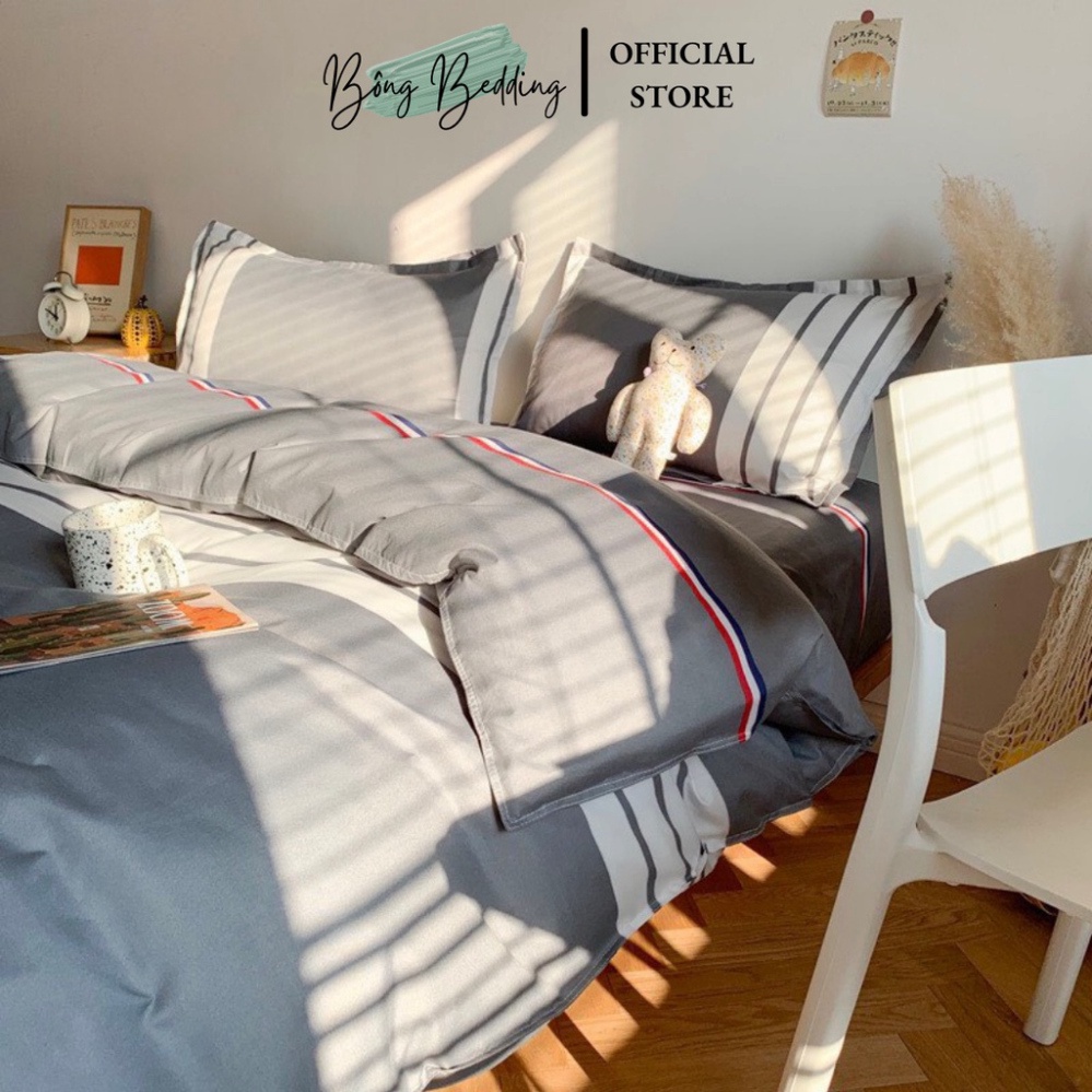 Bộ Chăn Ga Gối Cotton Poly Kẻ Ghi Bo Chun Miễn Phí