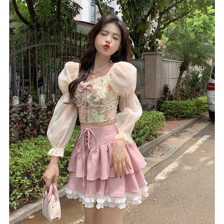 Set áo croptop phối voan dài tay phồng kèm chân váy hồng 2 tầng viền ren chic ulzzang SAM SAM BOUTIQUE