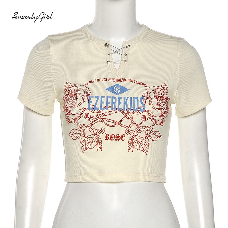 Áo Croptop Cổ Tròn Tay Ngắn Dáng Ôm In Họa Tiết Hoa Xinh Xắn Thời Trang Cho Nữ