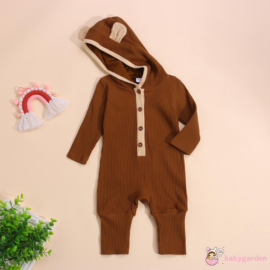 Áo liền quần tay dài có mũ màu tương phản phối nút cài thời trang dễ thương cho bé