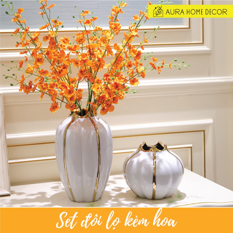 Set đôi lọ hoa xanh/trắng viền vàng decor theo trend #sốngsang cho phòng khách, sảnh khách sạn, kệ, tủ, phòng làm việc