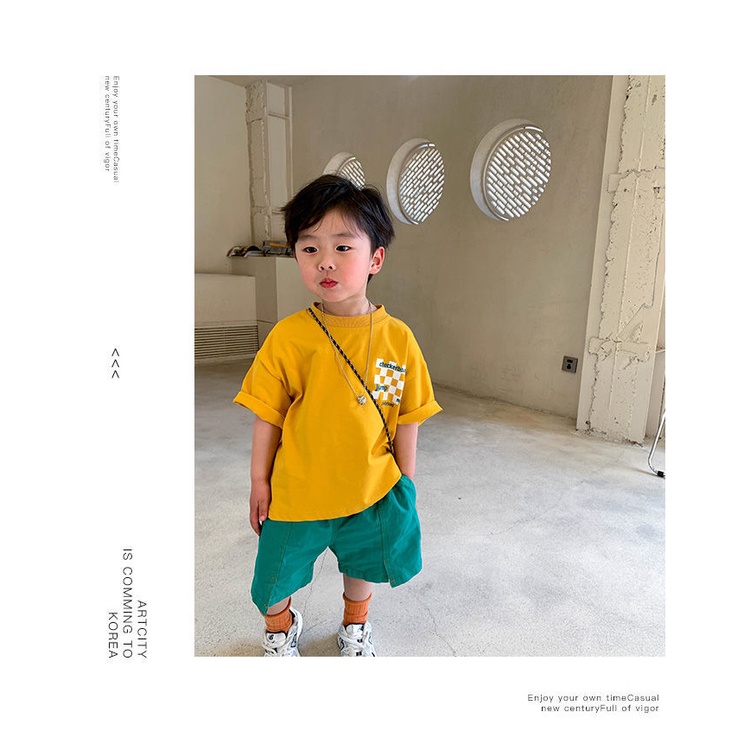 [Babycat] Hàng Có Sẵn Áo Thun Tay Ngắn Phong Cách Hàn Nhật Thời Trang Mùa Hè In Họa Tiết Bàn Cờ Màu Vàng Phong Cách Hàn Quốc Hàng Mới Dành Cho Bé Trai 2022