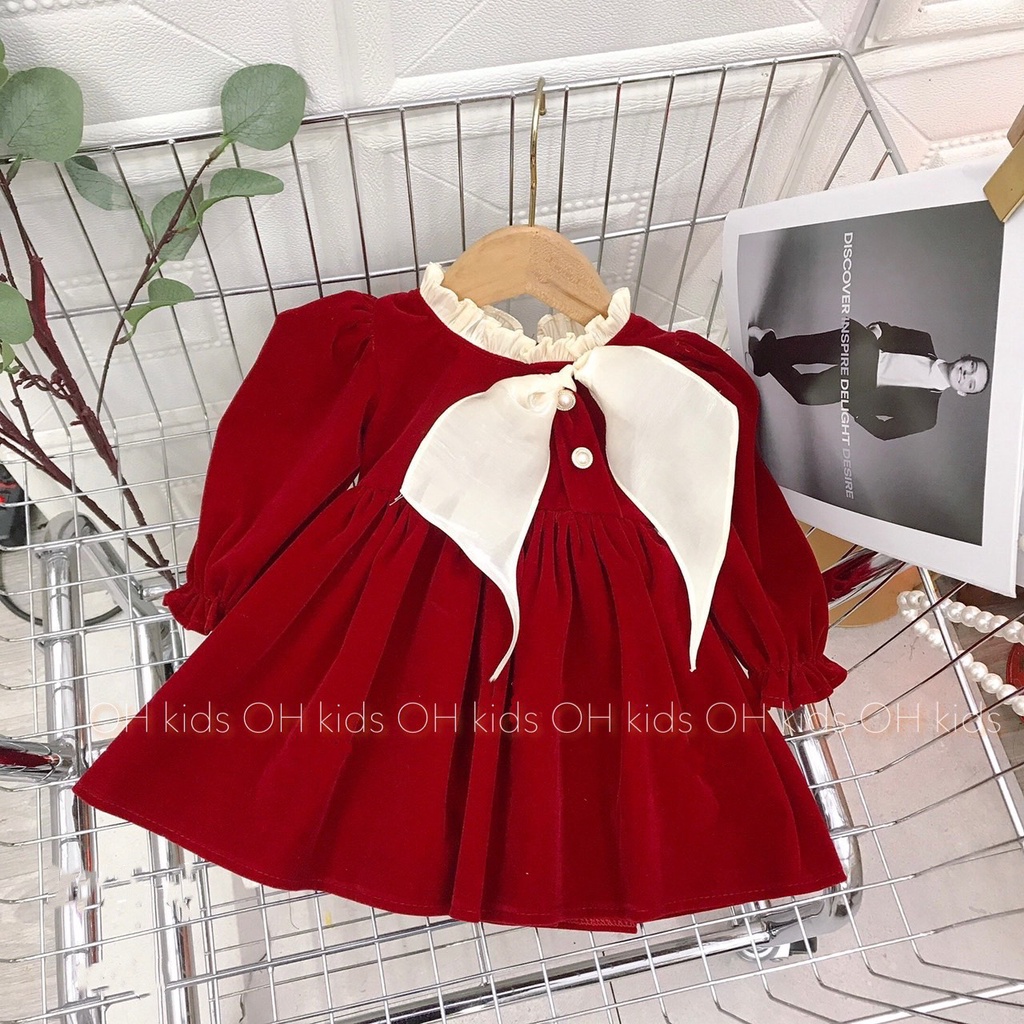 Váy nhung thiết kế cổ lá bé gái