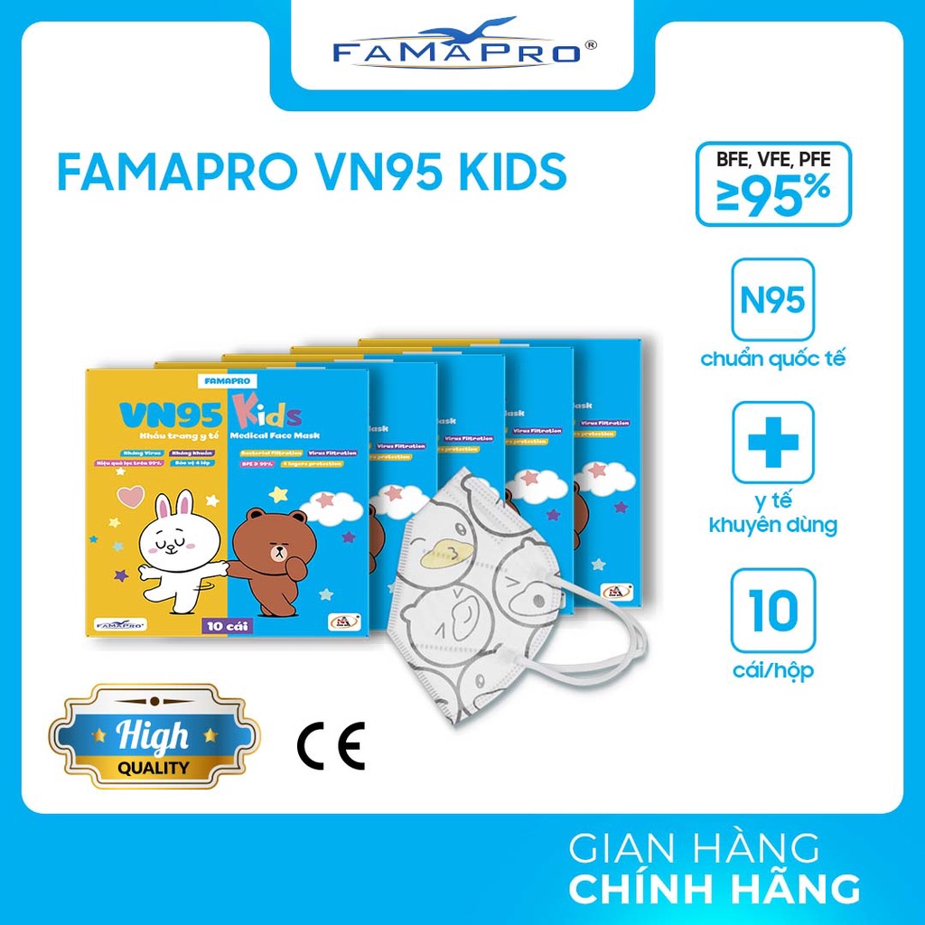 [COMBO 5 hộp] VN95 Kids Trẻ em từ 4-8 tuổi Khẩu trang y tế kháng khuẩn 4 lớp 10 cái/ hộp