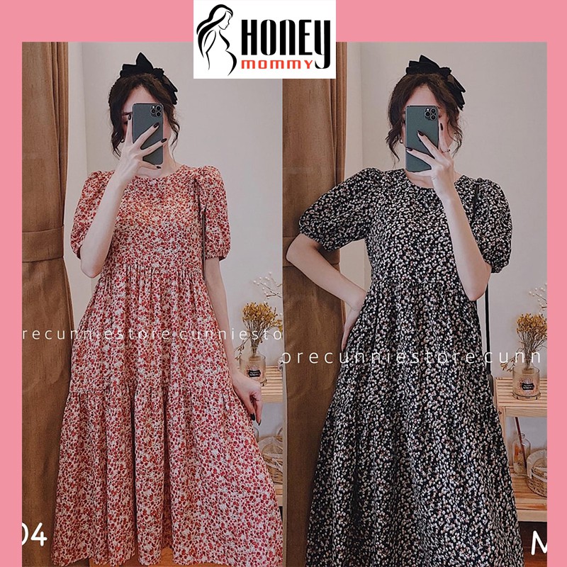 Váy Bầu Hoa Nhí Tay Bồng Dáng Suông Xòe HD2841 Honey Mommy Đầm Bầu Hè Cộc