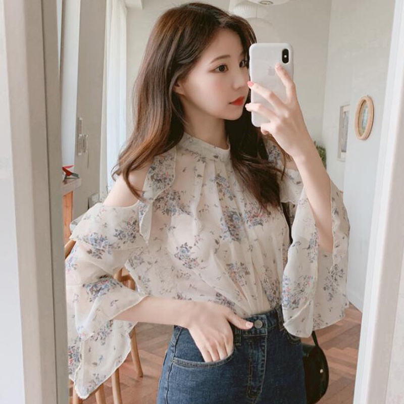 Áo chiffon Tay Loe Trễ Vai In Họa Tiết Thời Trang Mùa Hè Phong Cách Hàn Quốc Cho Nữ