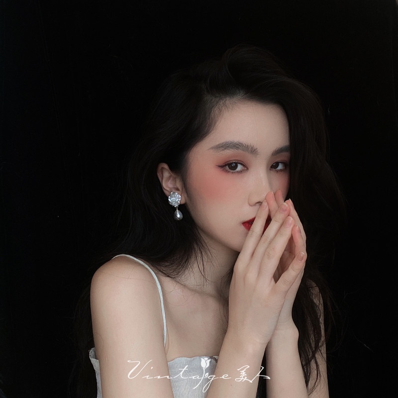 Bông Tai S925 Đính Ngọc Trai Hình Hoa Hồng Dễ Thương Thanh Lịch Cho Nữ