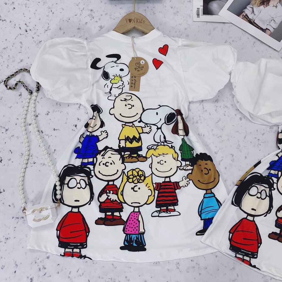 Váy suông hoạt hình Mickey Snoopy tay bồng dễ thương cho bé gái từ 7 đến 35 kg, SUN KID'S