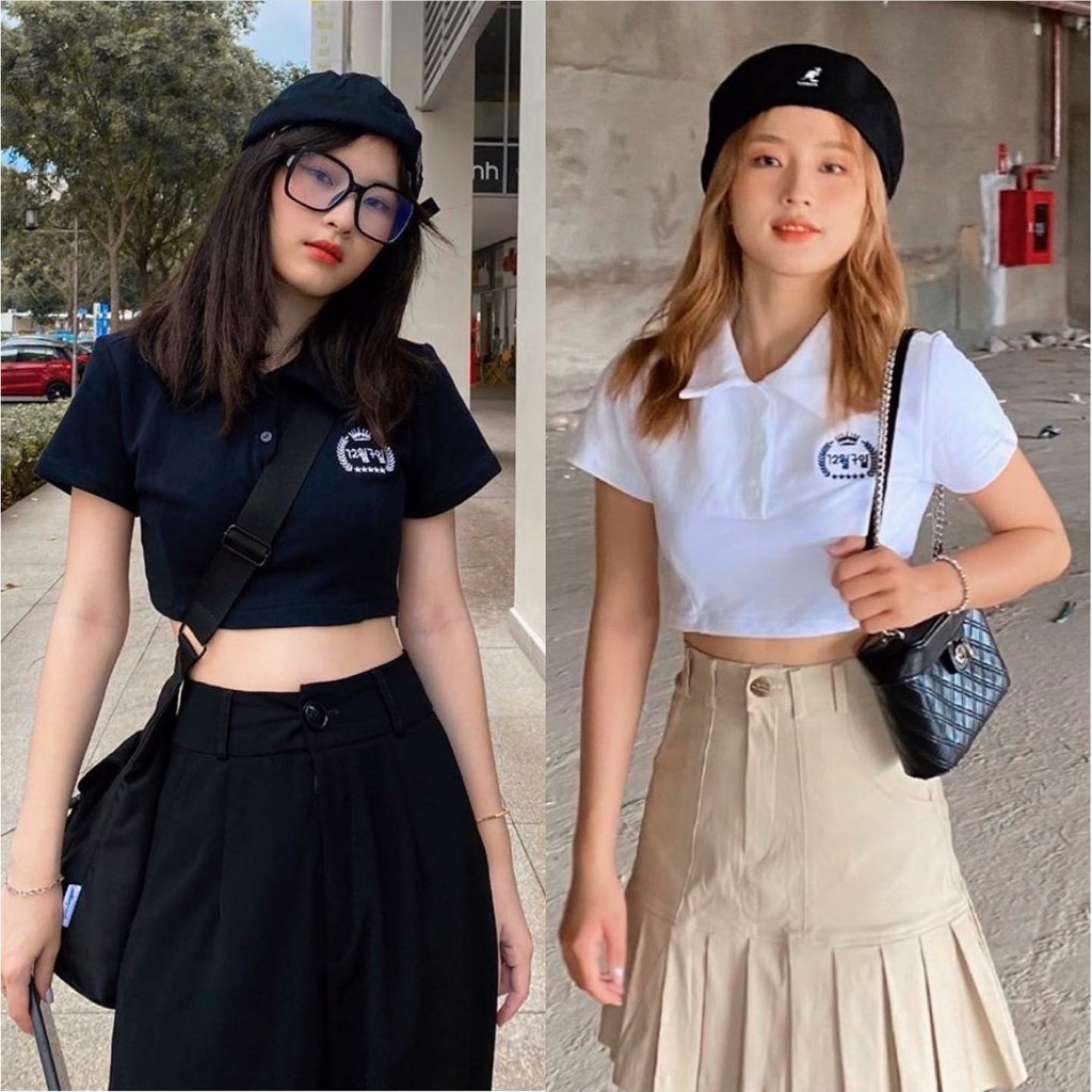 Áo Croptop Nữ Cổ Trụ Thêu HOJI Dáng Ôm Ulzzang (Đen/Trắng)