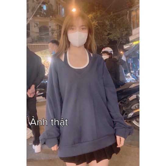 (Ảnhthậtcuối) Set Áo Sweater huy hiệu cổ tim L.Y Store [FREESHIP] Set áo 2 món màu xanh than HOT uzzlang