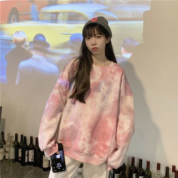 Áo hoodie dài tay dáng rộng màu nhuộm phong cách Hàn Quốc thiết kế mới