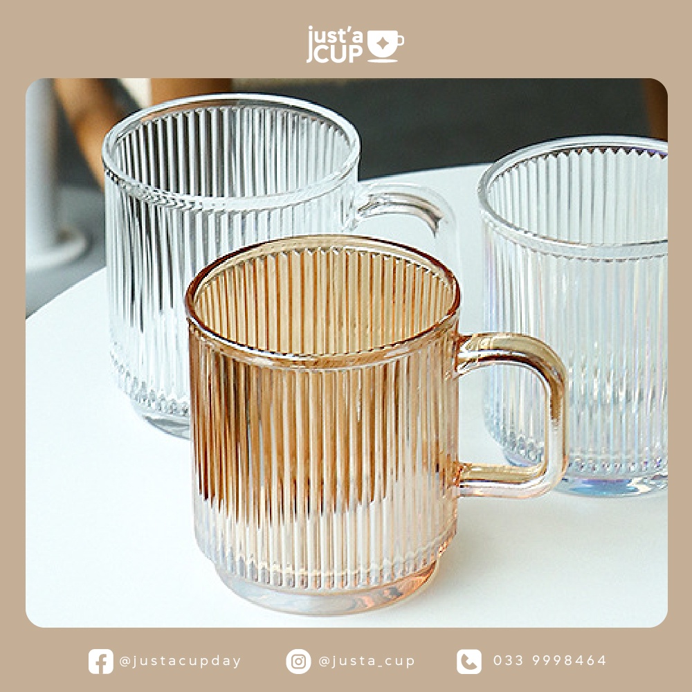 Cốc Thuỷ Tinh dày Chịu Nhiệt Có Quai Vân Sọc dọc Kiểu Hàn Quốc - Dùng để uống trà cà phê và decor trang trí nhà bếp