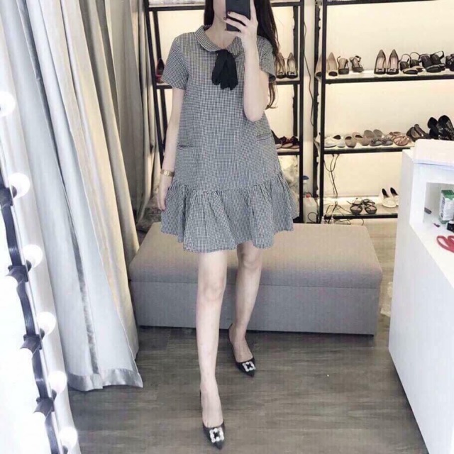 Đầm bầu công sở đẹp 🍅 FREESHIP 🍅 Đầm bầu caro nơ đen