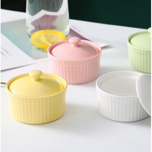 Bát chén hũ gốm sứ ramenkin có nắp đậy Nướng Hấp Bánh Flan Caramen Chưng Yến Cho bé ăn dặm hình nồi tròn rankim đựng sốt