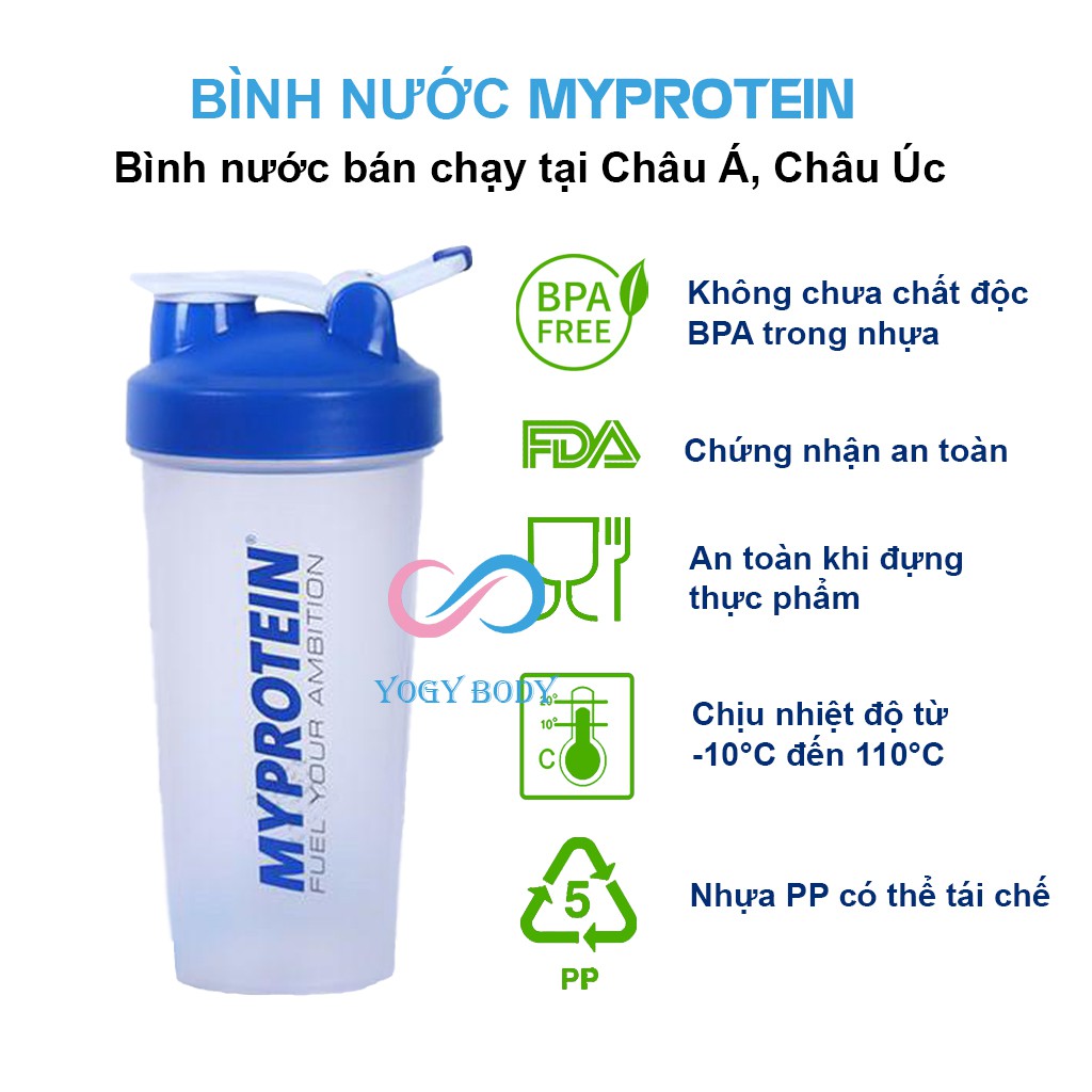 Bình Đựng Nước Tập Gym, Thể Thao MYPROTEIN DUTANO Có Con Lắc Inox, Quai Xách, Dung Tích 750ML