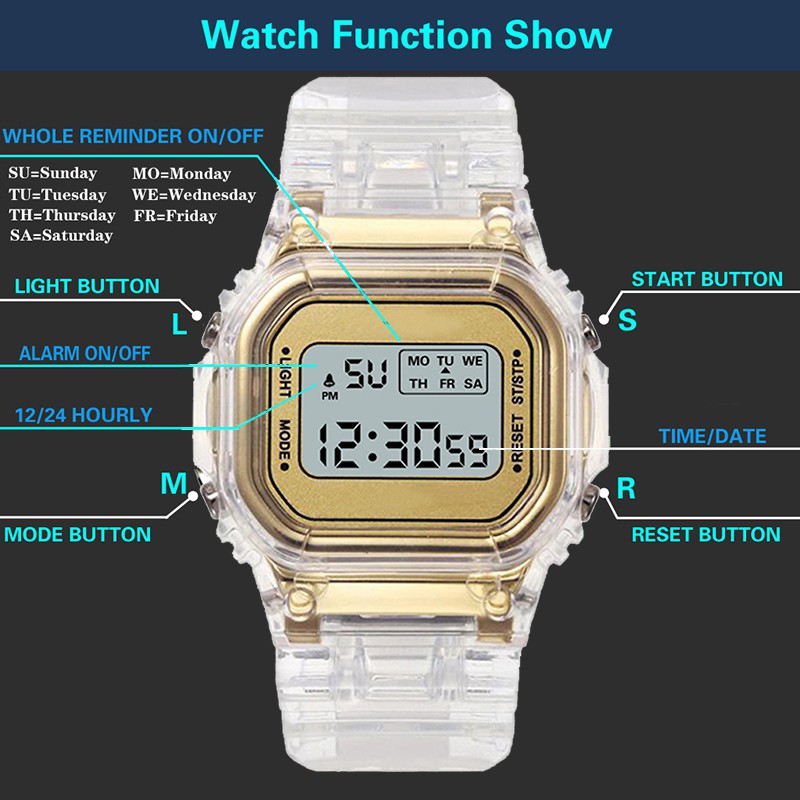 Women Led Digital Watch Transparent Square Multifunctional Luminous Waterproof Girls Watch Unisex Watch Sports Student Watch