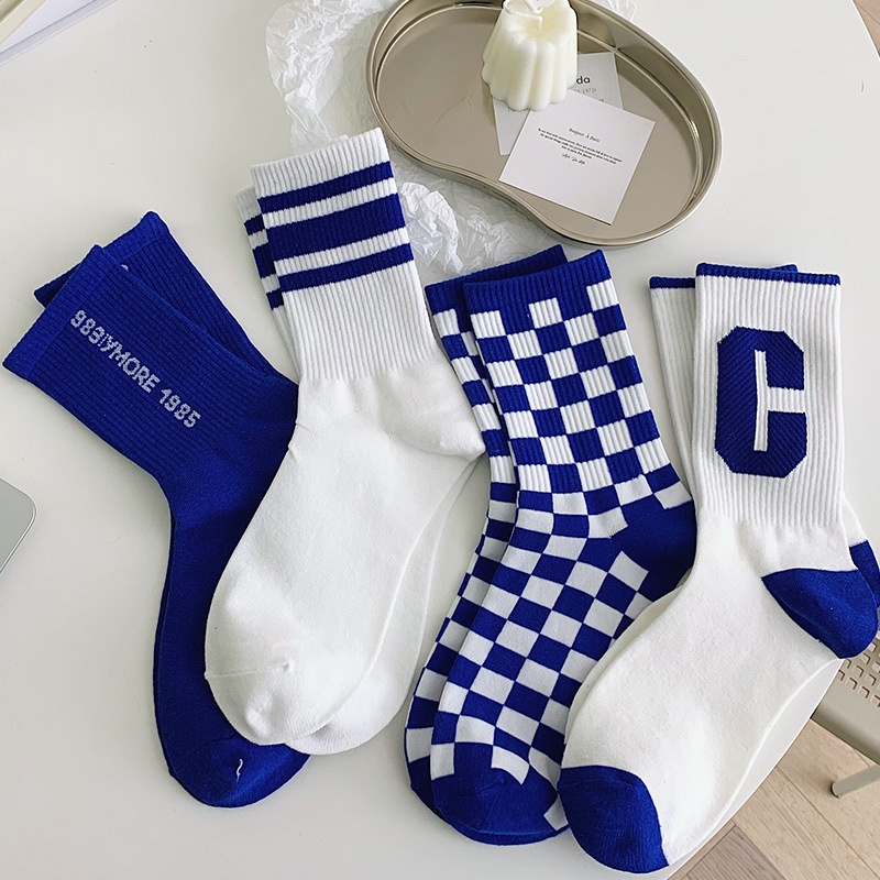 Tất Jengiang cổ cao thể thao trắng sọc caro, chất liệu vải Hàn co giãn bốn chiều Ulzzang Vintage Hàn Quốc-Iclassy_shoes