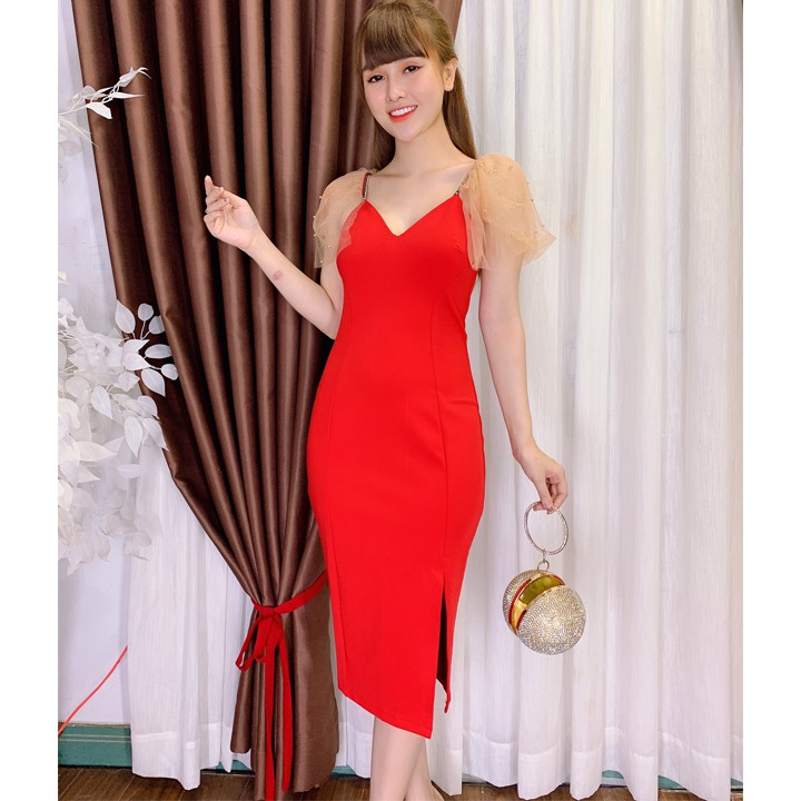 Đầm Ôm Body Dự Tiệc Cổ V Phối Ren 2020 - Tặng Ví Da Nữ 68k