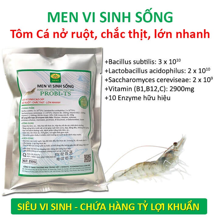 Men vi sinh sống vỗ béo Tôm Cá. Nở ruột, chắc thịt, lớn nhanh. Chứa hàng tỷ lợi khuẩn. Ngăn ngừa các bệnh về đường ruột