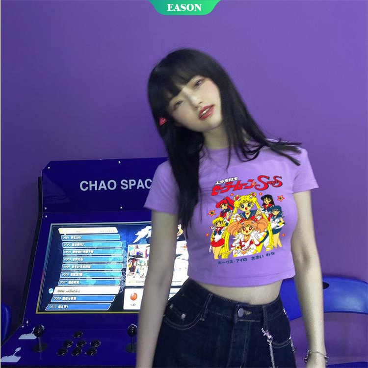 Áo Thun Croptop Vải Cotton Tay Ngắn Cổ Tròn In Chữ Thủy Thủ Mặt Trăng 2022 Thời Trang Xuân Hè Cho Nữ