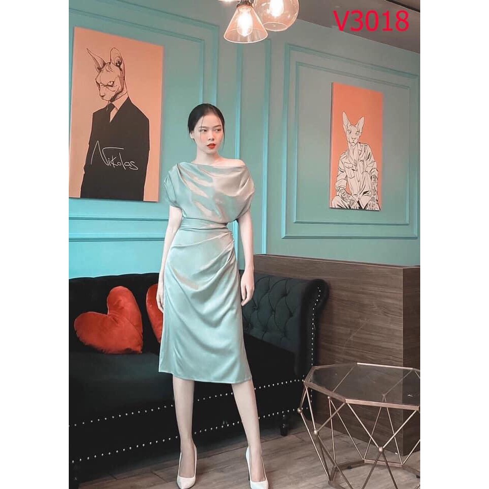 ✨BÁN SỈ✨ĐẦM LỤA XANH LỆCH VAI ĐÍNH NGỌC EO | BigBuy360 - bigbuy360.vn