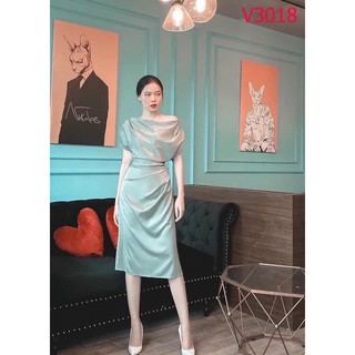 ✨BÁN SỈ✨ĐẦM LỤA XANH LỆCH VAI ĐÍNH NGỌC EO