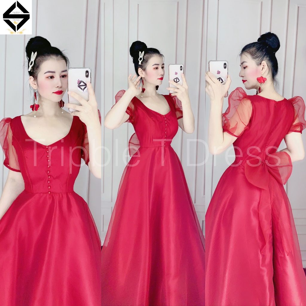 Đầm maxi xòe dự tiệc hay mặc cưới nhẹ nhàng tay ngắn phồng có nơ lưng nhỏ xinh TRIPBLE T DRESS - size M/L - MS316V