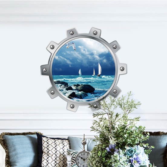 Decal trang trí tường - Khung cửa sổ tròn cảnh du thuyền trên biển