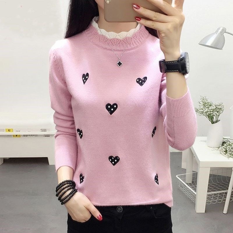 {Ảnh thật} Áo len nữ cổ lọ phối ren hoạ tiết hình tim dễ thương al52