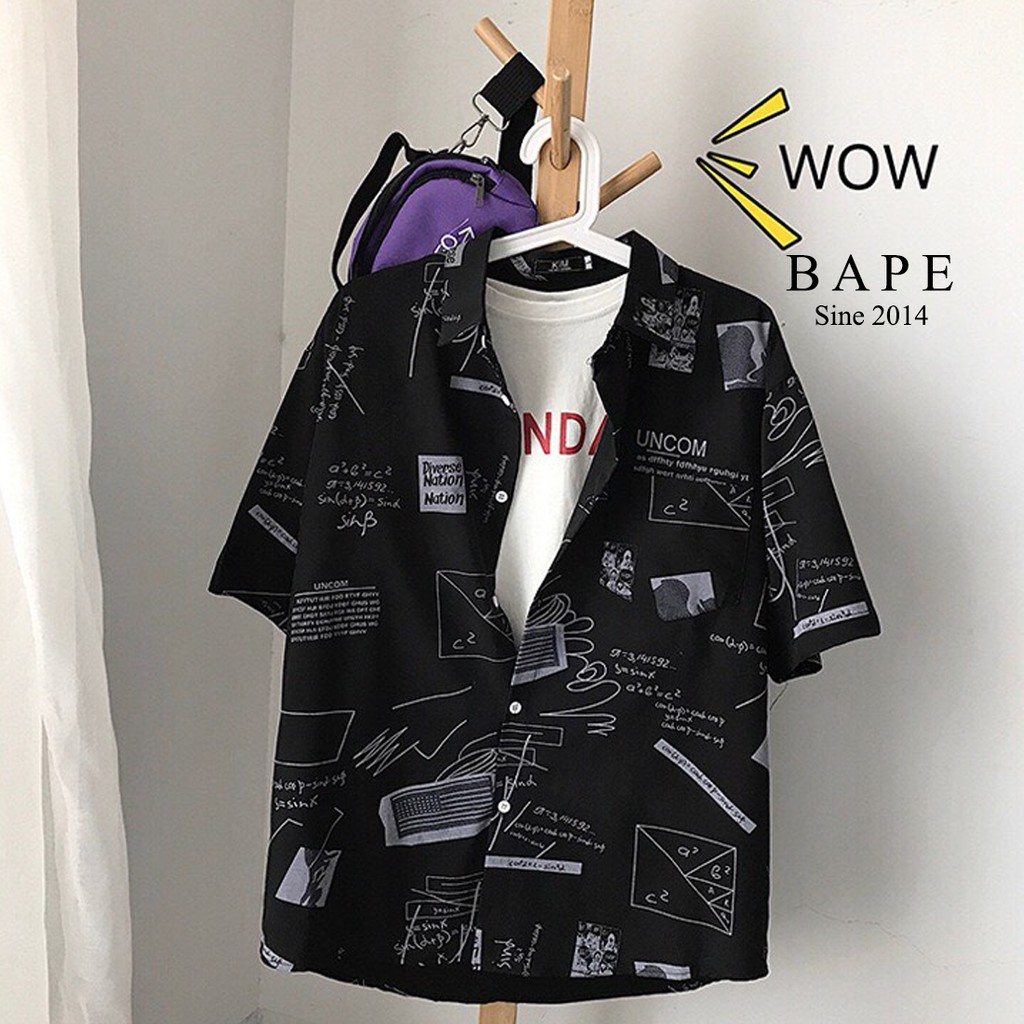 Áo sơ mi nam Bape form rộng tay lỡ họa tiết hình học có túi (đen, trắng) oversize | BigBuy360 - bigbuy360.vn