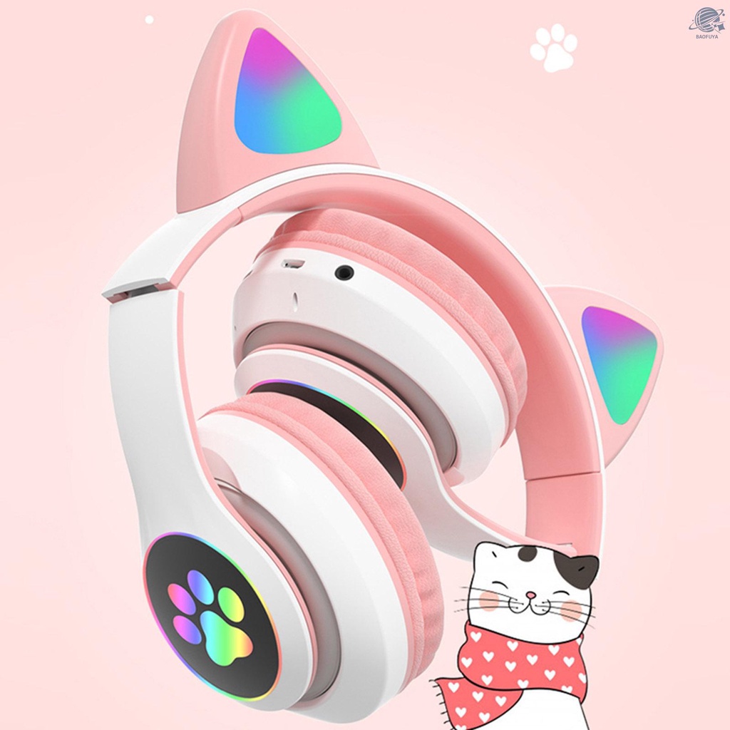 BF STN-28 Over Ear Music Headset Glowing Cat Ear Headphones Foldable Wireless BT5.0 Earphone with Mic AUX IN TF Card MP3 Player Colorful LED Lights for PC Laptop Computer Mobile Phone