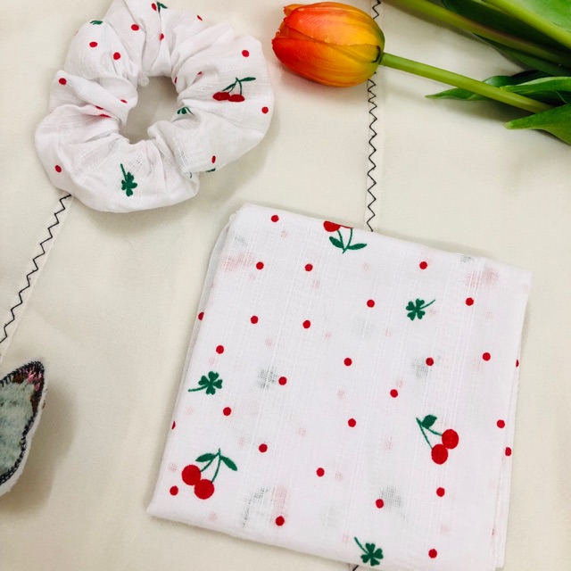 Set Khăn banada + Srunches (Có bán lẻ) mẫu cherry nhí
