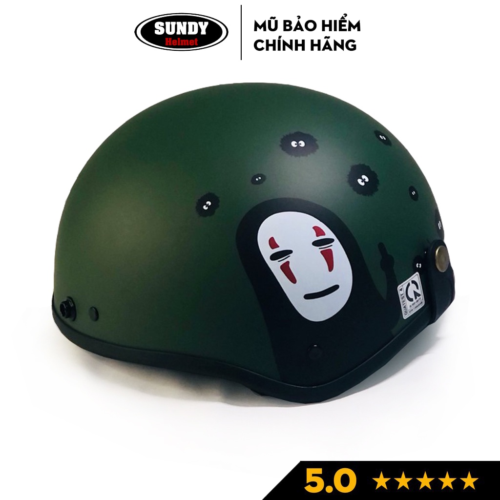 Mũ bảo hiểm nửa đầu thời trang SUNDY, tem hình Vô Diện, xanh rêu sơn sơn mờ, nón 1/2 kèm kính UV, kính phi công