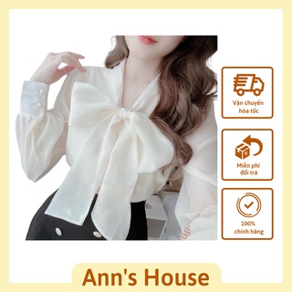 Áo sơ mi nữ dài tay bồng cổ nơ chất tơ lụa ann's house cd078
