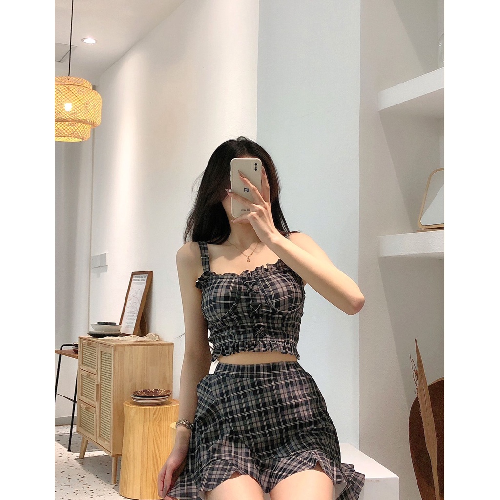 Mẫu mới 2023 Bikini Hàn Quốc áo nhún váy caro viền bèo Lolita dễ thương có quần váy kín đáo, đồ bơi xịn