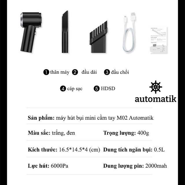 Máy Hút Bụi Mini Cầm Tay Không Dây Có Đèn LED cho Ô Tô, Xe Hơi, Gia Đình M02 - Automatik