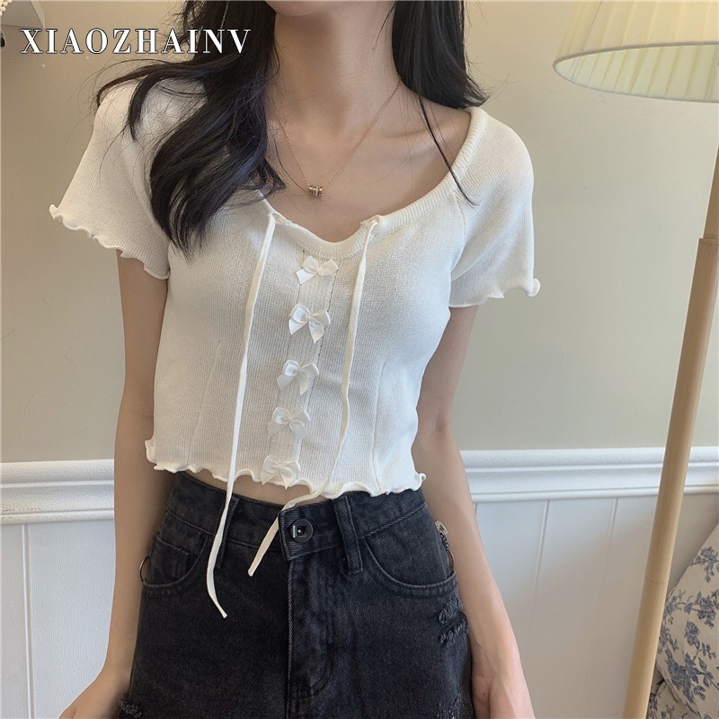 Áo Nữ Xiaozhainv Tay Ngắn Dáng Lửng Cột Nơ Gợi Cảm 6 Màu Tùy Chọn