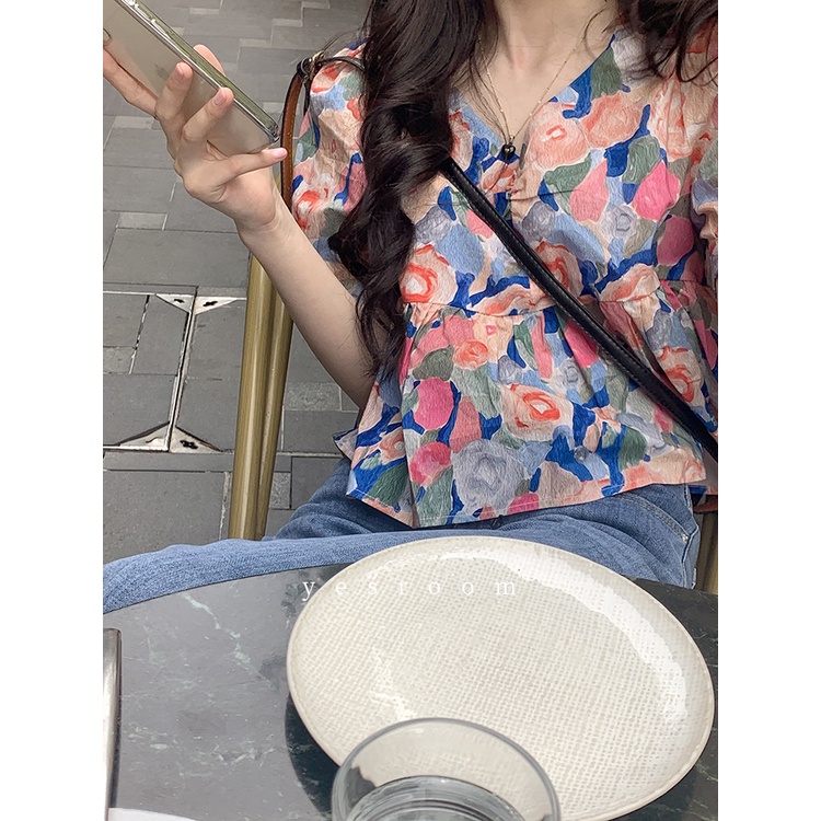 Áo Sơ Mi Tay Ngắn Phồng Họa Tiết Hoa Thời Trang Dành Cho Nữ