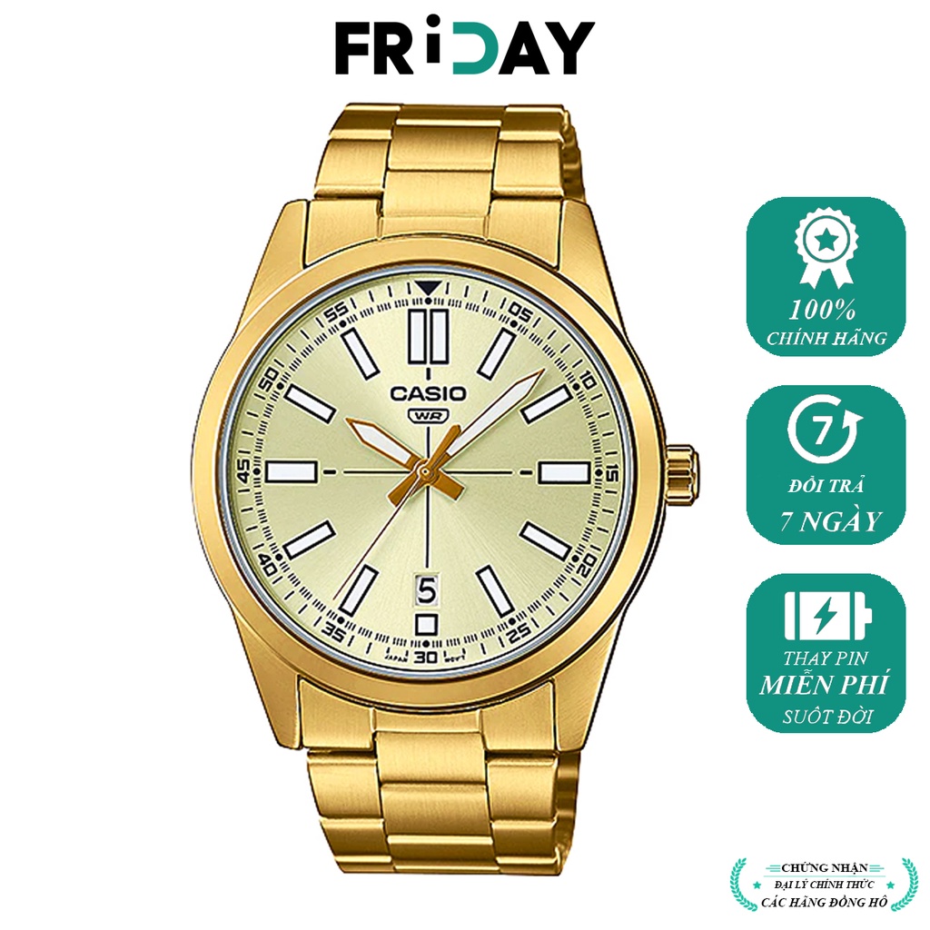 Đồng hồ Casio nam dây kim loại MTP-VD02G-9EUDF chính hãng, màu vàng phủ dạ quang