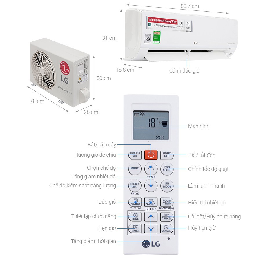 Điều khiển điều hoà LG đời mới V13ENS - Remote máy lạnh LG mẫu 6 mới nhất