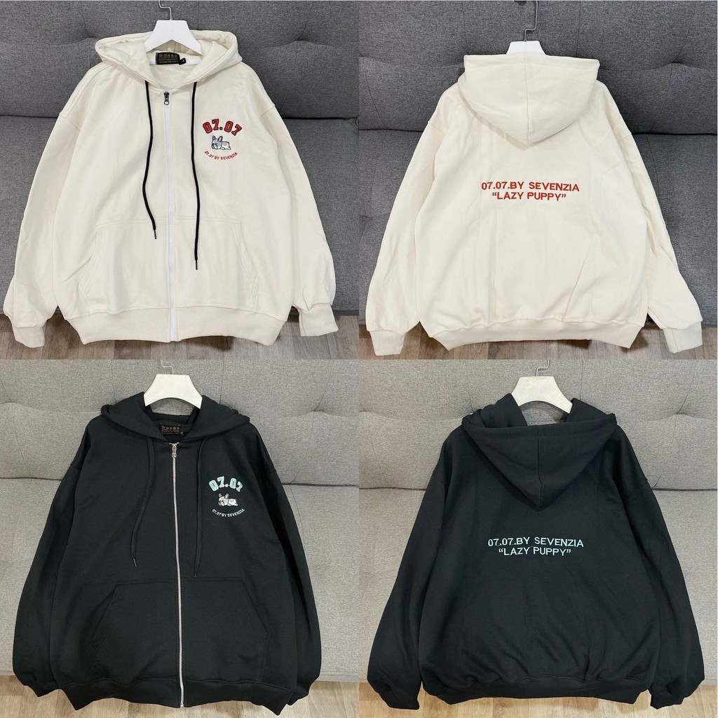 Áo Khoác Hoodie Nỉ Thun Dây Kéo Form Rộng Thêu Logo Cún Puppy Unisex