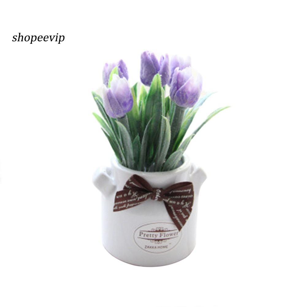 Bộ Chậu Hoa Tulip Giả Kèm Nơ Xinh Xắn Dùng Để Trang Trí Độc Đáo