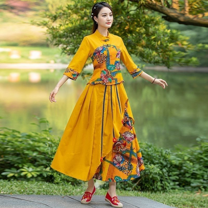 Bộ Đồ Sườn Xám Cách Tân Vải Cotton Lanh Cài Khóa Kiểu Trung Hoa Retro