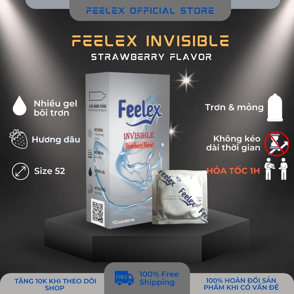 Bao cao su Feelex Invisible siêu mỏng, nhiều gel, hương dâu, lạnh size 52 hộp 10c