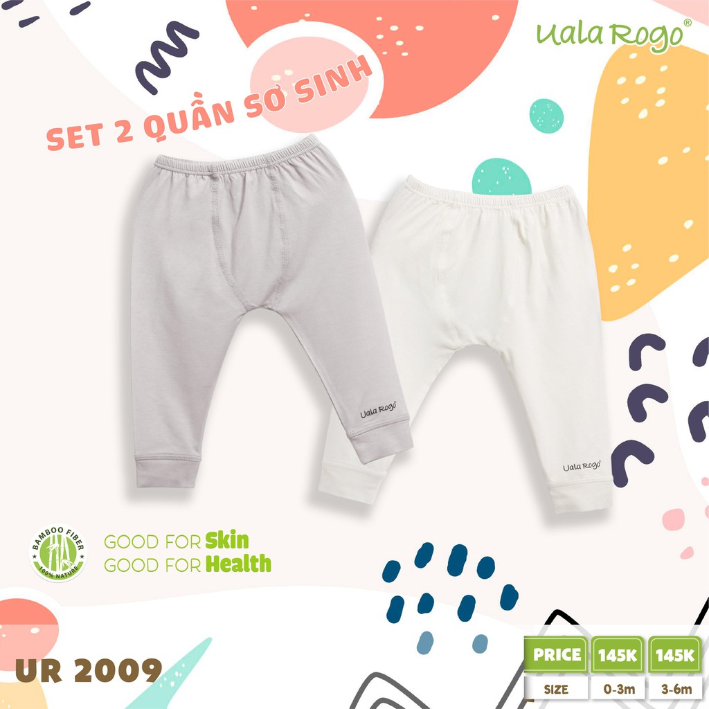 Set 2 quần sơ sinh Uala rogo 0-6 tháng vải sợi tre Bamboo mềm mịn co giãn khử khuẩn cạp chun 2009