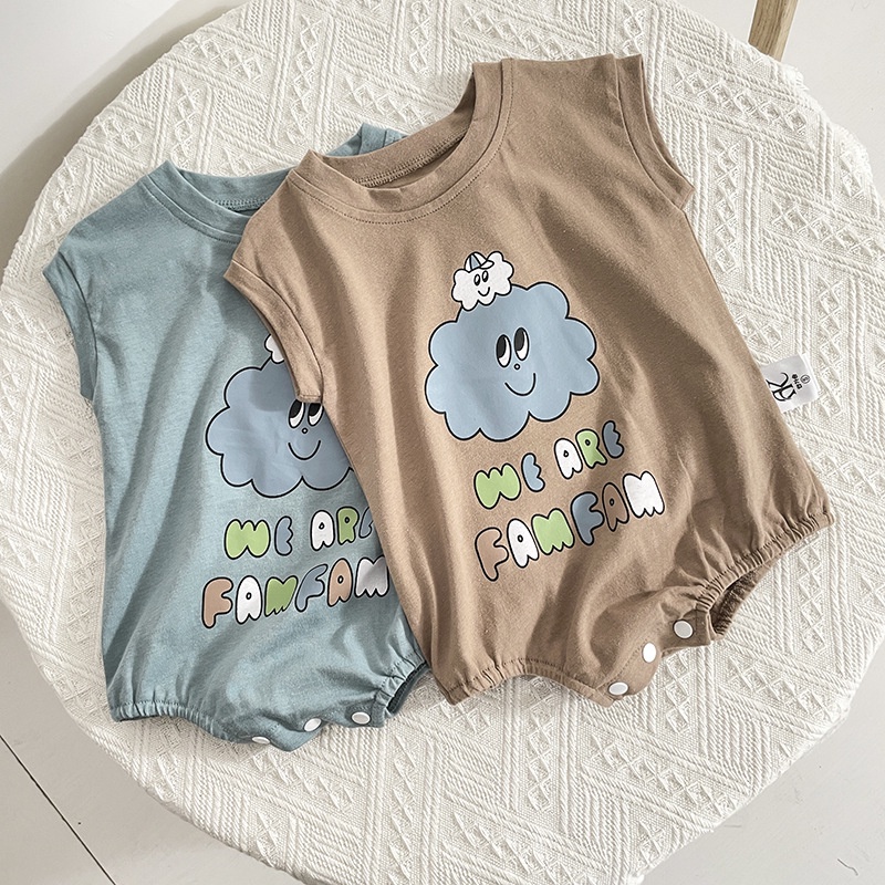 Áo Liền Quần Bằng Cotton Tay Ngắn Cổ Tròn In Hình Dễ Thương Thời Trang Mùa Hè 2022 Dành Cho Bé Trai Gái 0-2 Tuổi