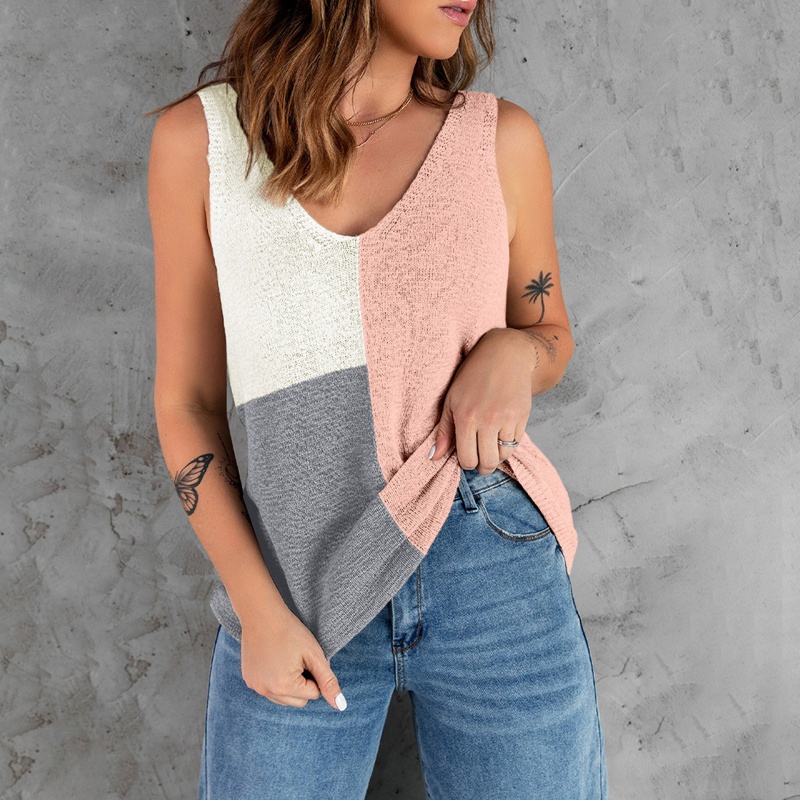 Áo Tank Top Dệt Kim Sát Nách Dáng Rộng Cổ Chữ V Khoét Sâu Phối Màu Thời Trang Mùa Hè Cho Nữ Pu