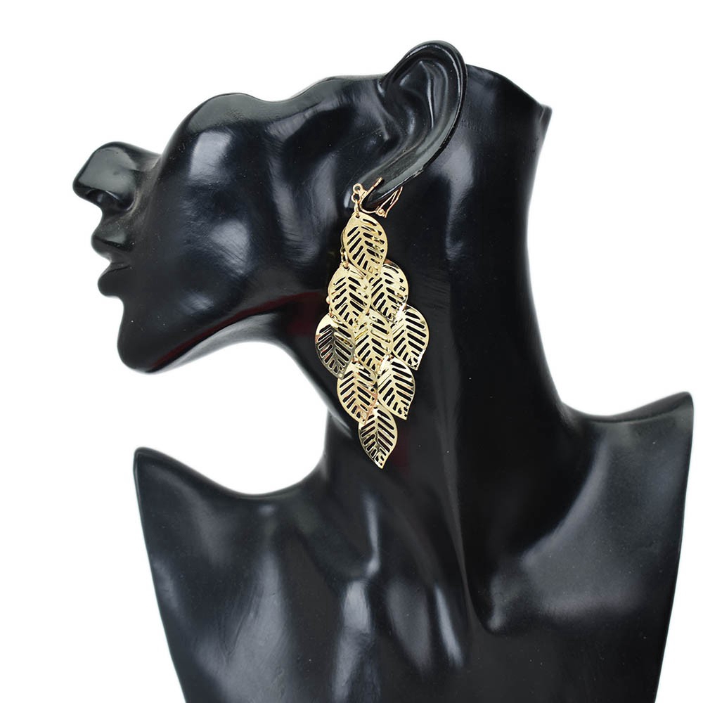 Bông tai hình lá nhiều lớp bằng kim loại mạ vàng bạc không xỏ lỗ cho nữ